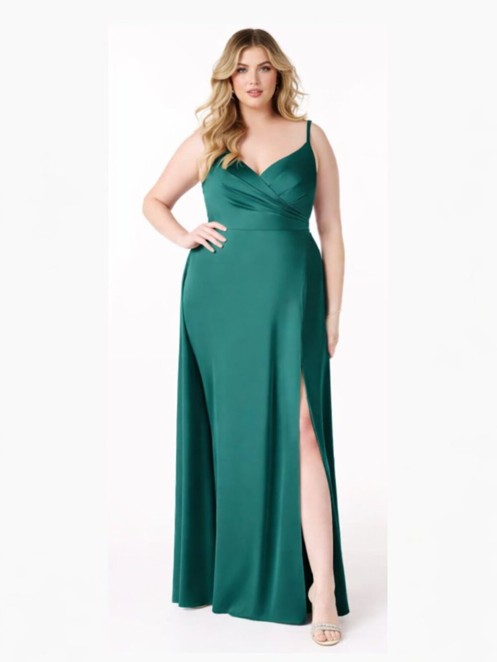 Azazie Dalilah Pine Green Stretch Satin Maxi Dress A22 Slit Bridesmaid Formal BN